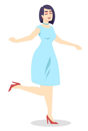 Fancy young woman semi flat RGB color vector illustration. Joyful woman in fashionable blue dress isolated cartoon character on white backgroundのイラスト素材