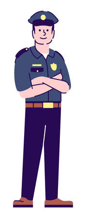 Law enforcement agency representative semi flat RGB color vector illustration. Policeman standing with crossed arms isolated cartoon character on white backgroundのイラスト素材