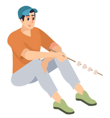 Roasting marshmallows outdoors semi flat RGB color vector illustration. Male hiker in baseball cap isolated cartoon character on white backgroundのイラスト素材