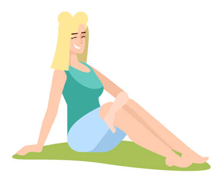 Relaxing in park semi flat RGB color vector illustration. Smiling blond girl isolated cartoon character on white backgroundのイラスト素材