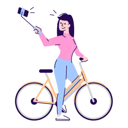 Active lifestyle semi flat RGB color vector illustration. Girl on bicycle holding selfie stick isolated cartoon character on white backgroundのイラスト素材