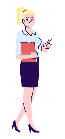 Corporate employee semi flat RGB color vector illustration. job position. Cheerful female office worker isolated cartoon character on white backgroundのイラスト素材