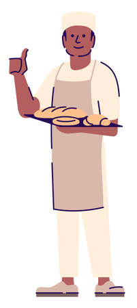 Preparing fresh bakery products semi flat RGB color vector illustration. Male baker with pastries showing thumb up isolated cartoon character on white backgroundのイラスト素材