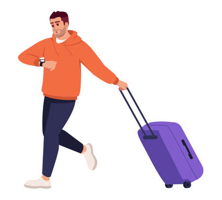 Man checking time and waiting for boarding semi flat RGB color vector illustration. airport terminal visit. Walking man with travel bag isolated cartoon character on white backgroundのイラスト素材