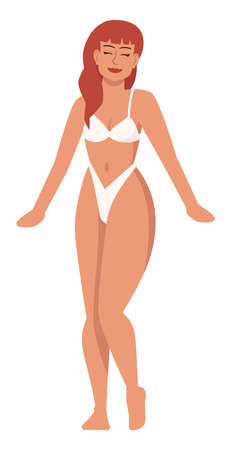 Swimsuit model with tanned skin semi flat RGB color vector illustration. Position figure. self-acceptance. Person promoting body positivity approach isolated cartoon character on white backgroundのイラスト素材