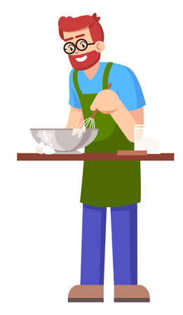 Bearded man preparing pie dough semi flat RGB color vector illustration. standing figure. Person participating in cooking class for adults isolated cartoon character on white backgroundのイラスト素材