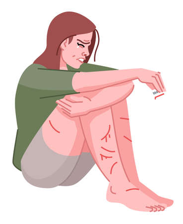 Crying girl hurting herself semi flat RGB color vector illustration. Self-injury. Causing pain, damage. Person with addictive personality isolated cartoon character on white backgroundのイラスト素材