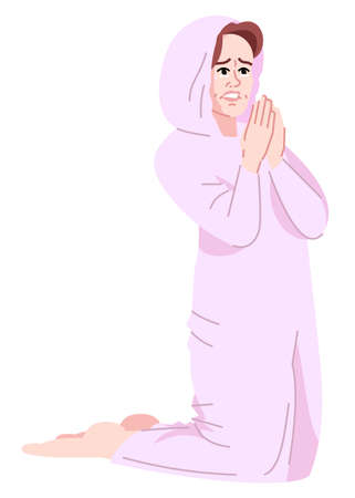Crying woman being addicted to praying semi flat RGB color vector illustration. Obsession with religion. Person with addictive personality isolated cartoon character on white backgroundのイラスト素材