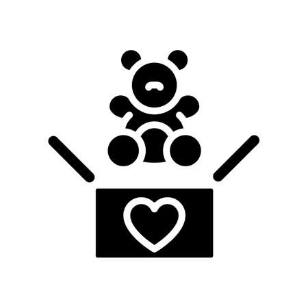 Toys donation black glyph icon. charity. Providing unwanted stuffed animals. Helping less fortunate kids. Silhouette symbol on white space. solid pictogram. Vector isolated illustrationのイラスト素材