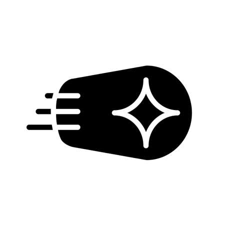 Comet black glyph icon. space body. Icy asteroid with atmosphere. Glowing trail in the sky. dynamic movement. Silhouette symbol on white space. solid pictogram. Vector isolated illustrationのイラスト素材