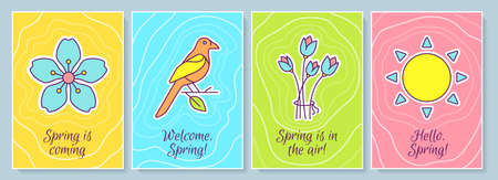 Spring greeting card with color icon element set. Springtime greetings and wishes. Postcard vector design. Decorative flyer with creative illustration. Notecard with congratulatory messageのイラスト素材