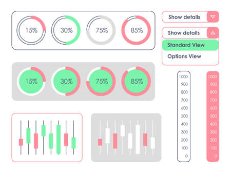 Real-time monitoring data UI elements kit. Isolated vector dashboard components. Flat interface buttons template. Web design widget collection for mobile application with light themeのイラスト素材