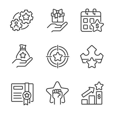 Incentive compensation pixel perfect linear icons set. Raising employees motivation. customer appreciation. Customizable thin line symbols. Isolated vector outline illustrations. editable strokeのイラスト素材