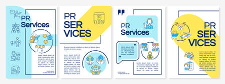 PR services blue and yellow brochure template. organization reputation. Leaflet design with linear icons. 4 vector layouts for presentations, annual reports. Questrial, Lato-Regular fonts usedのイラスト素材
