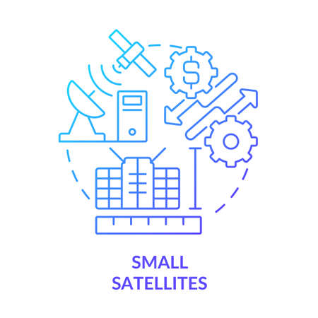 Small satellites blue gradient concept icon. Equipment for space exploration. Spacetech trend abstract idea thin line illustration. Isolated outline drawing. Myriad Pro-Bold font usedのイラスト素材