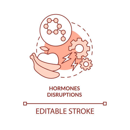 Hormones disruptions red concept icon. endocrine system problem. Side effect abstract idea thin line illustration. Isolated outline drawing. Editable stroke. Arial, Myriad Pro-Bold fonts usedのイラスト素材