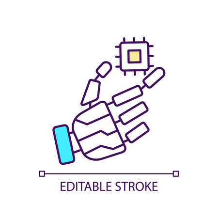 Self aware AI RGB color icon. artificial intelligence. Futuristic robot. Microcircuit and mechanic hand. Isolated vector illustration. Simple filled line drawing. Editable stroke. Arial font usedのイラスト素材