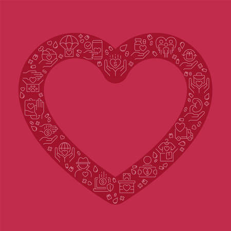 Heart pixel perfect shaped concept filled with editable linear icons. donation and charity. volunteering and helping. Simple thin line symbols composition on red background. vector outline drawingのイラスト素材