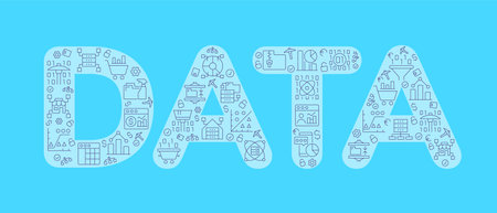 Data mining pixel perfect shaped concept filled with editable linear icons. Work with database. Simple thin line symbols composition on turquoise background. vector outline drawingのイラスト素材