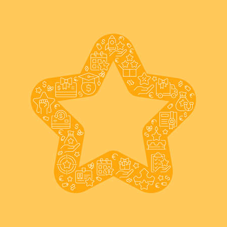 Star pixel perfect shaped concept filled with editable linear icons. special offer. product and service quality. Simple thin line symbols composition on orange background. vector outline drawingのイラスト素材