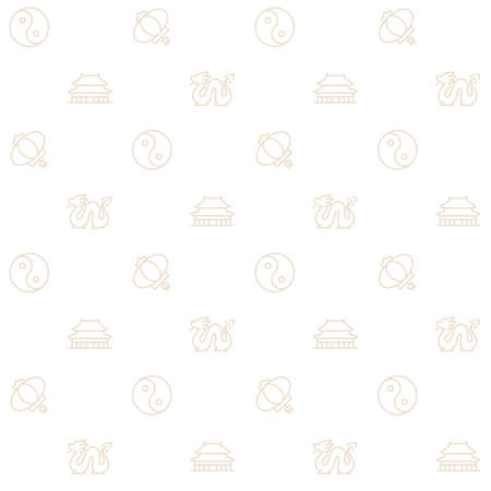 Asian symbols abstract seamless pattern. Editable vector shapes on white background. Trendy texture with cartoon color icons. Design with graphic elements for interior, fabric, website decorationのイラスト素材
