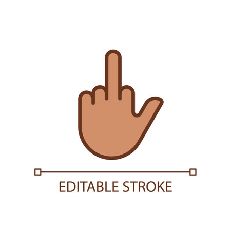 Middle finger pixel perfect RGB color icon. Obscene hand gesture. Offensive non-verbal message. Isolated vector illustration. Simple filled line drawing. Editable stroke. Arial font usedのイラスト素材