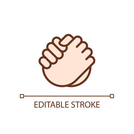 Friendly handshake pixel perfect RGB color icon. joining hands. Buddies greeting gesture. Isolated vector illustration. Simple filled line drawing. Editable stroke. Arial font usedのイラスト素材