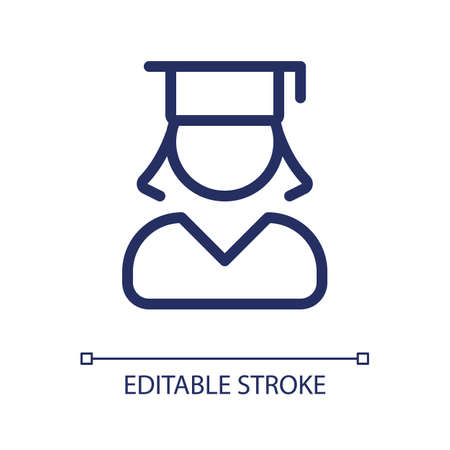 Female student pixel perfect linear ui icon. Graduate girl. Alumna of school, university. GUI, UX design. Outline isolated user interface element for app and web. Editable stroke. Arial font usedのイラスト素材