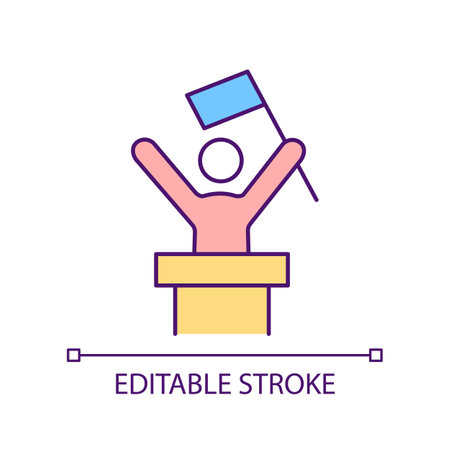 Political party leader on podium RGB color icon. Politician performing with flag. candidate for president. Isolated vector illustration. Simple filled line drawing. Editable stroke. Arial font usedのイラスト素材
