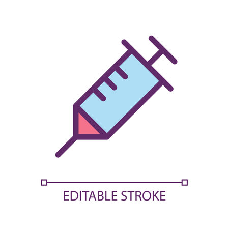 Syringe pixel perfect RGB color ui icon. Regular vaccination and immunization. Simple filled line element. GUI, UX design for mobile app. Vector isolated pictogram. Editable stroke. Arial font usedのイラスト素材