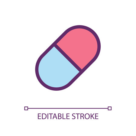 Capsule pixel perfect RGB color ui icon. oral medication. Pill prescription. Simple filled line element. GUI, UX design for mobile app. Vector isolated pictogram. Editable stroke. Arial font usedのイラスト素材