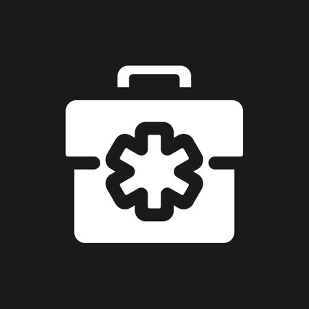 Medical bag dark mode glyph ui icon. doctor suitcase. First aid kit. user interface design. White silhouette symbol on black space. Solid pictogram for web, mobile. Vector isolated illustrationのイラスト素材