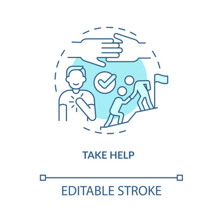 Take help turquoise concept icon. Be open to support. Improving self esteem abstract idea thin line illustration. Isolated outline drawing. Editable stroke. Arial, Myriad Pro-Bold fonts usedのイラスト素材