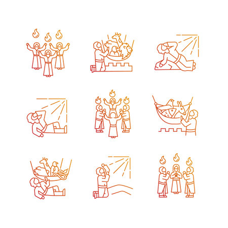 Bible narratives gradient linear vector icons set. Legends from Testament. religious stories. Early Christians. Thin line contour symbol designs bundle. Isolated outline illustration collectionのイラスト素材