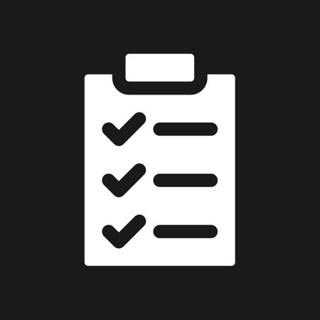 Checklist dark mode glyph ui icon. wellness to do list. Question form. user interface design. White silhouette symbol on black space. Solid pictogram for web, mobile. Vector isolated illustrationのイラスト素材