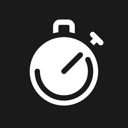 Stop watch dark mode glyph ui icon. Count down tool. Sport competition. user interface design. White silhouette symbol on black space. Solid pictogram for web, mobile. Vector isolated illustrationのイラスト素材