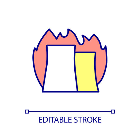 Fire at nuclear plant RGB color icon. Dangerous disaster at reactor. Radioactive materials overheating. Isolated vector illustration. Simple filled line drawing. Editable stroke. Arial font usedのイラスト素材