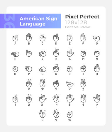 American sign language pixel perfect linear icons set. communication system. Customizable thin line symbols. Isolated vector outline illustrations. Editable stroke. Montserrat Bold, Light fonts usedのイラスト素材