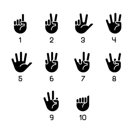 Digits in American sign language black glyph icons set on white space. Numbers in ASL. nonverbal communication system. silhouette symbols. Solid pictogram pack. Vector isolated illustrationのイラスト素材