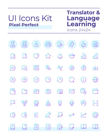 Translator pixel perfect gradient linear ui icons set. language learning. communication. Line contour user interface symbols. Vector isolated outline illustrations. Montserrat Bold, Light fonts usedのイラスト素材