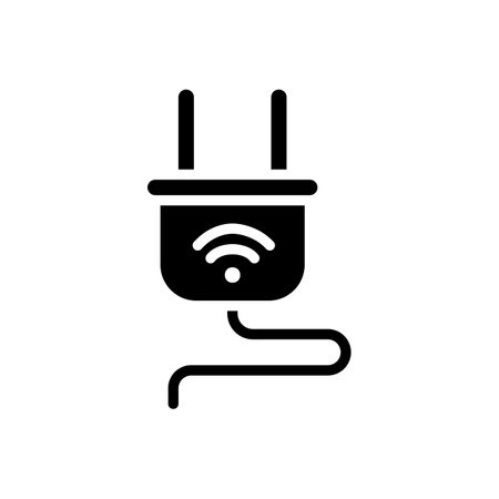 Smart plug black glyph icon. home appliance. Automatic device. Internet of things. Remote control with smartphone. Silhouette symbol on white space. solid pictogram. Vector isolated illustrationのイラスト素材