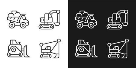 Mining vehicles pixel perfect linear icons set for dark, light mode. heavy equipment. coal mining industry. excavator. Thin line symbols for night, day theme. isolated illustrations. editable strokeのイラスト素材