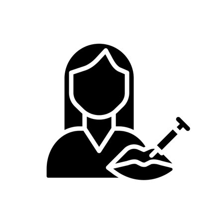 Cosmetic services black glyph icon. Aesthetic medicine service. Lip injection to add volume. Cosmetologist. Silhouette symbol on white space. solid pictogram. Vector isolated illustrationのイラスト素材