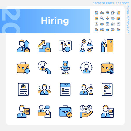 Hiring pixel perfect RGB color icons set. recruitment process. company employee. Apply for position. career. Isolated vector illustrations. Simple filled line drawings collection. editable strokeのイラスト素材
