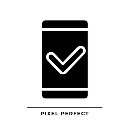 Mobile phone with check mark black glyph icon. Safe communication via smartphone. Personal device quality. Silhouette symbol on white space. solid pictogram. Vector isolated illustrationのイラスト素材