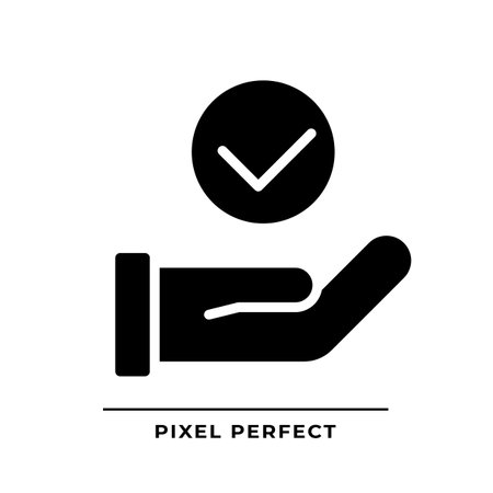 Hand with check mark black glyph icon. Palm holding tick. Making the right decision. Choice approval. Silhouette symbol on white space. solid pictogram. Vector isolated illustrationのイラスト素材