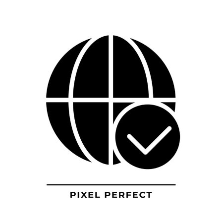 Globe with check mark black glyph icon. Safe international communication. World wide permission signs. Silhouette symbol on white space. solid pictogram. Vector isolated illustrationのイラスト素材