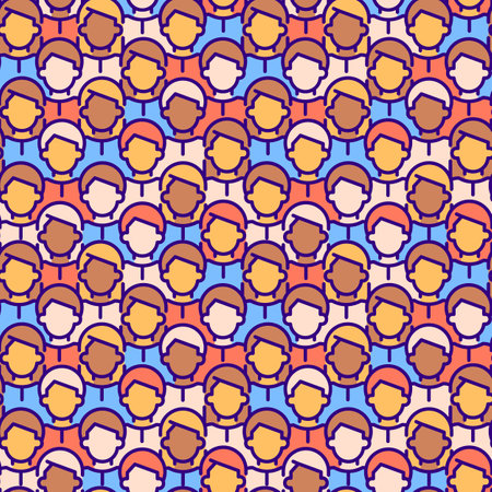 Crowd abstract seamless pattern. Editable vector shapes on colorful background. Trendy texture with cartoon color icons. Design with graphic elements for interior, fabric, website decorationのイラスト素材