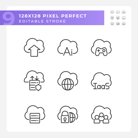 Cloud based service for data processing pixel perfect linear icons set. Storage information on internet. Customizable thin line symbols. Isolated vector outline illustrations. editable strokeのイラスト素材