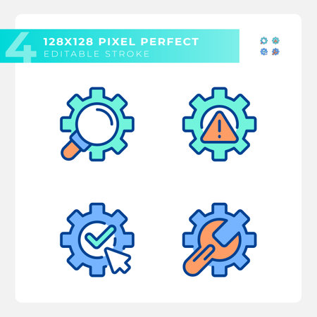 System changes pixel perfect RGB color icons set. extended search. Complete and save changes. technical repair. Isolated vector illustrations. Simple filled line drawings collection. editable strokeのイラスト素材